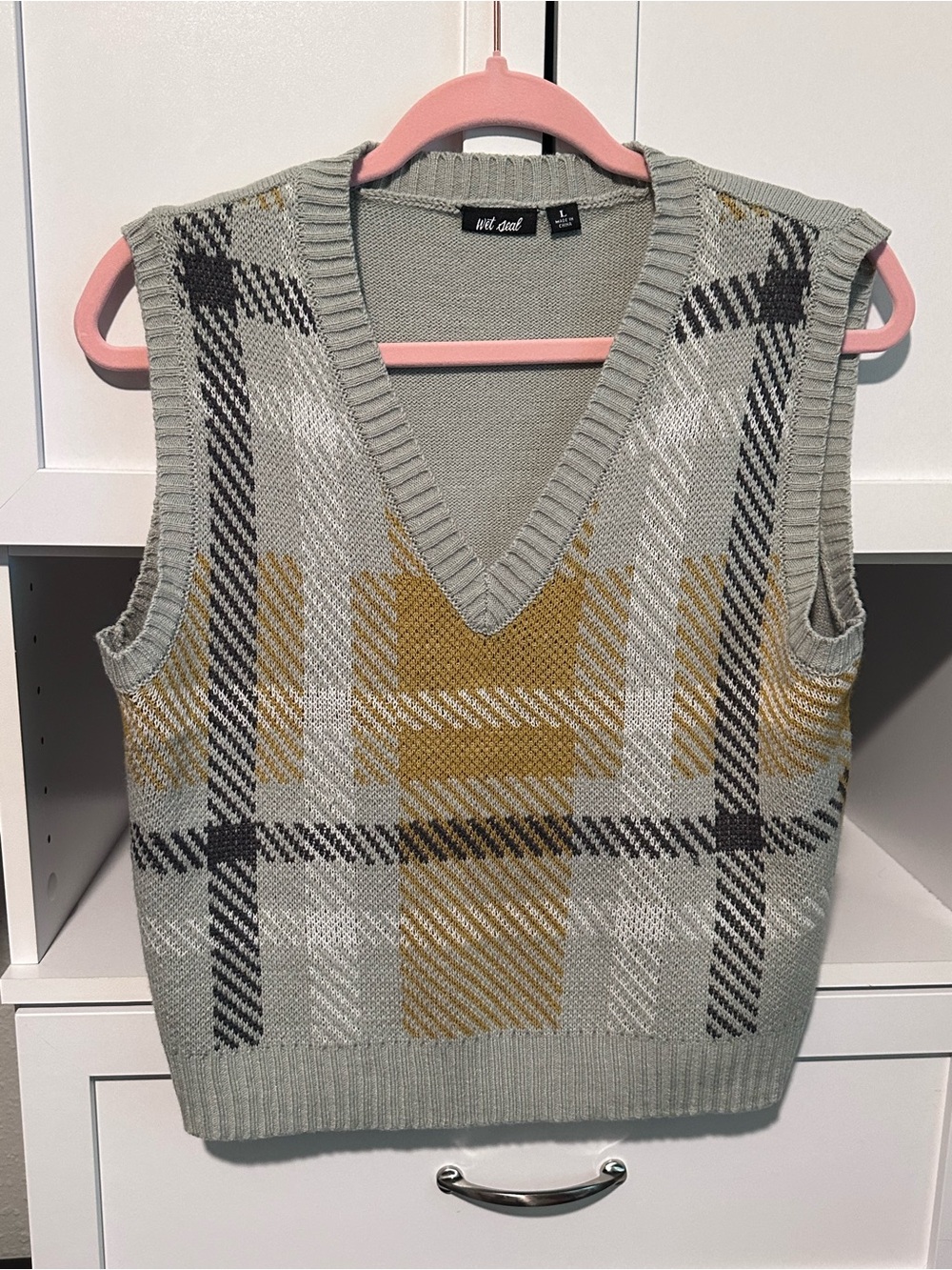 Wet Seal Plaid Sweater Vest Gray Mustard Y2K Preppy Size Large